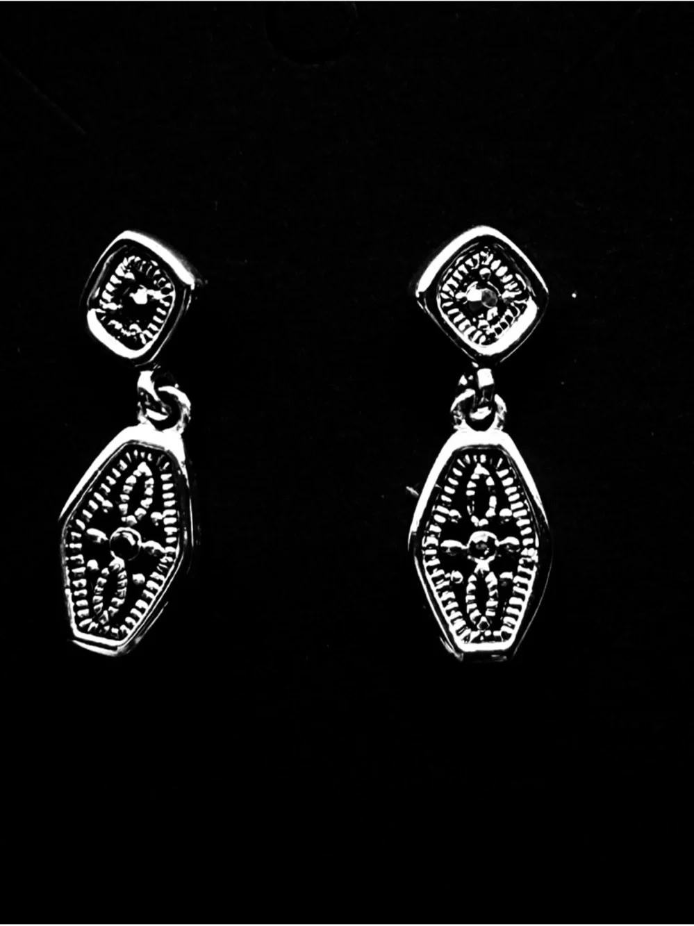Silver Tone Art Deco Dangle Earrings Geometric Hexagon Vintage Drop Earrings